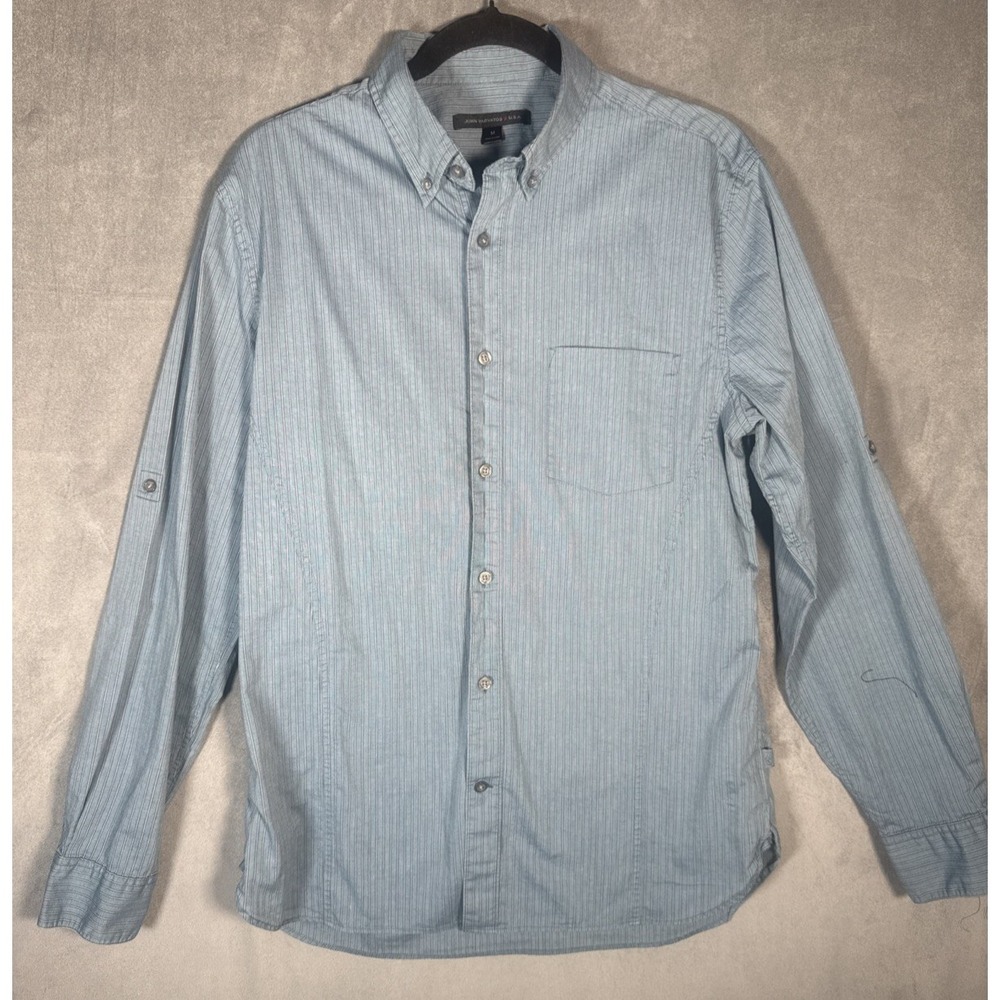 John Varvatos Striped Button Down Shirt Blue Mens Size M Roll Tab Sleeve